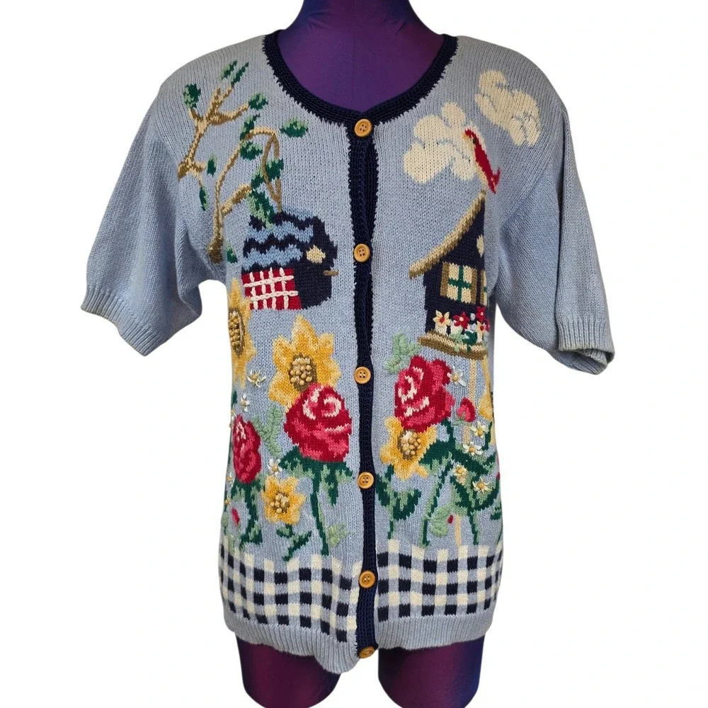 Vintage Jantzen Hand Embroidered Cottagecore Cardigan Sweater Blue Medium Petite
